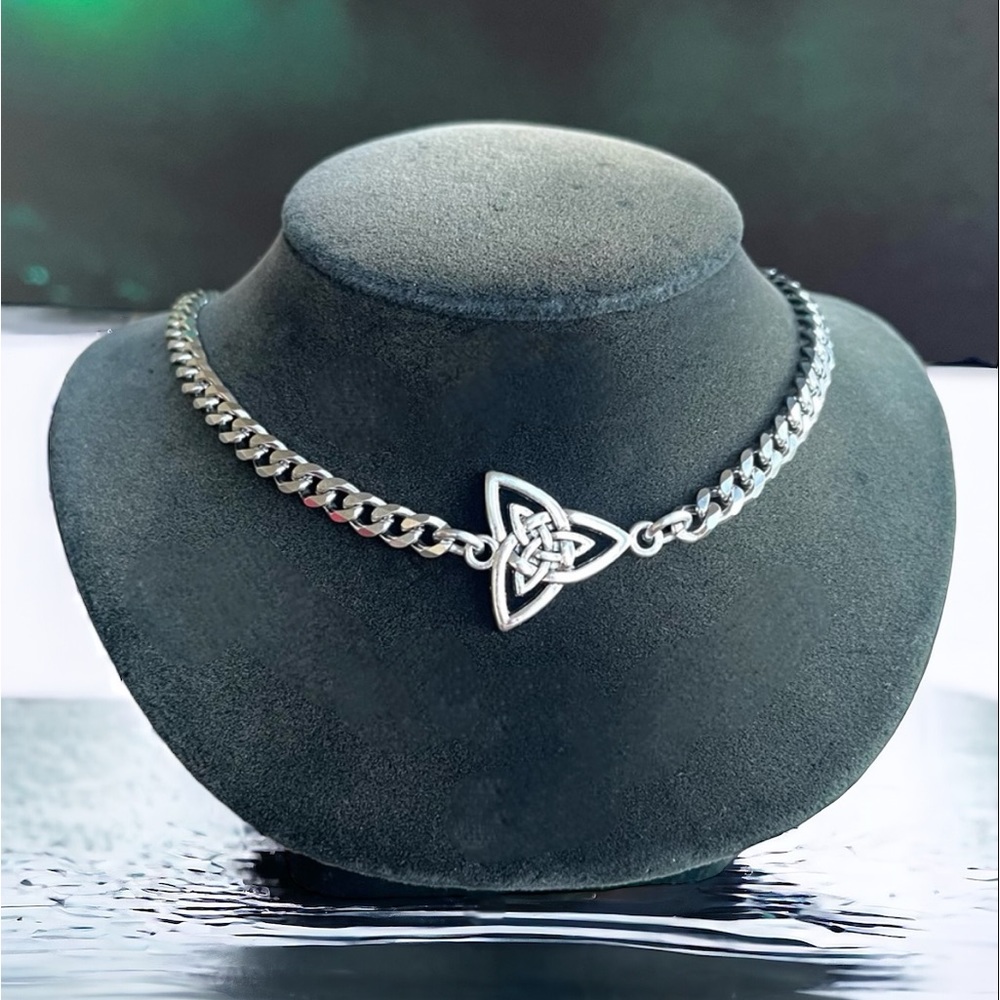 Handmade triangle celtic knot cuban chain link stainless steel choker necklace